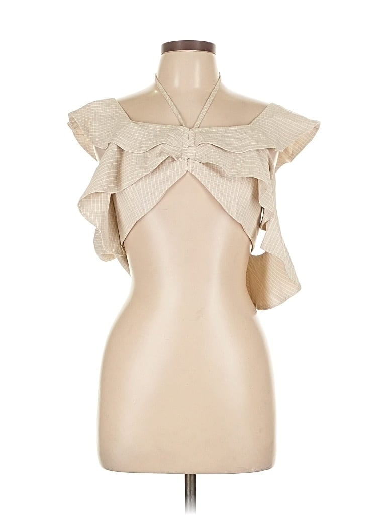 Pre-owned Hot & Delicious Short Sleeve Top Tan Ruffles Neckline Tops In Brown