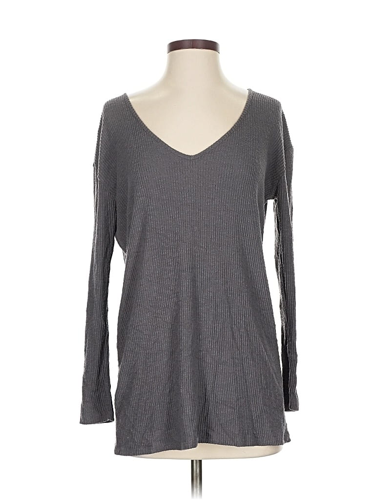Pre-owned Just Fab Long Sleeve Top Gray V Neck Tops