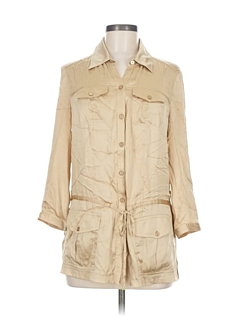 Pre-owned Caché 3/4 Sleeve Silk Top Tan Square Neckline Tops In Brown