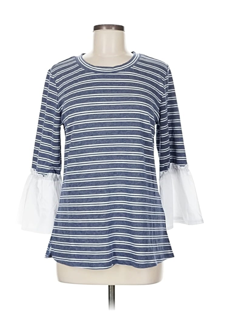 Como Blu 3/4 Sleeve Top Blue Ruffles Neckline Tops In Blue