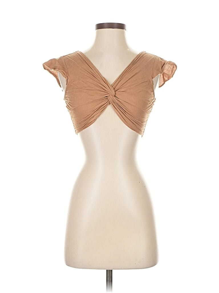 Pre-owned Japna Short Sleeve Top Tan Sweetheart Neckline Tops In Brown