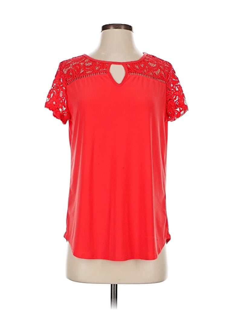 Pre-owned Perseption Concept Short Sleeve Top Red Keyhole Neckline Tops
