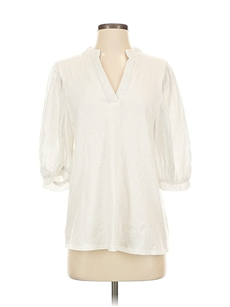 Pre-owned Self Contrast 3/4 Sleeve Blouse In White