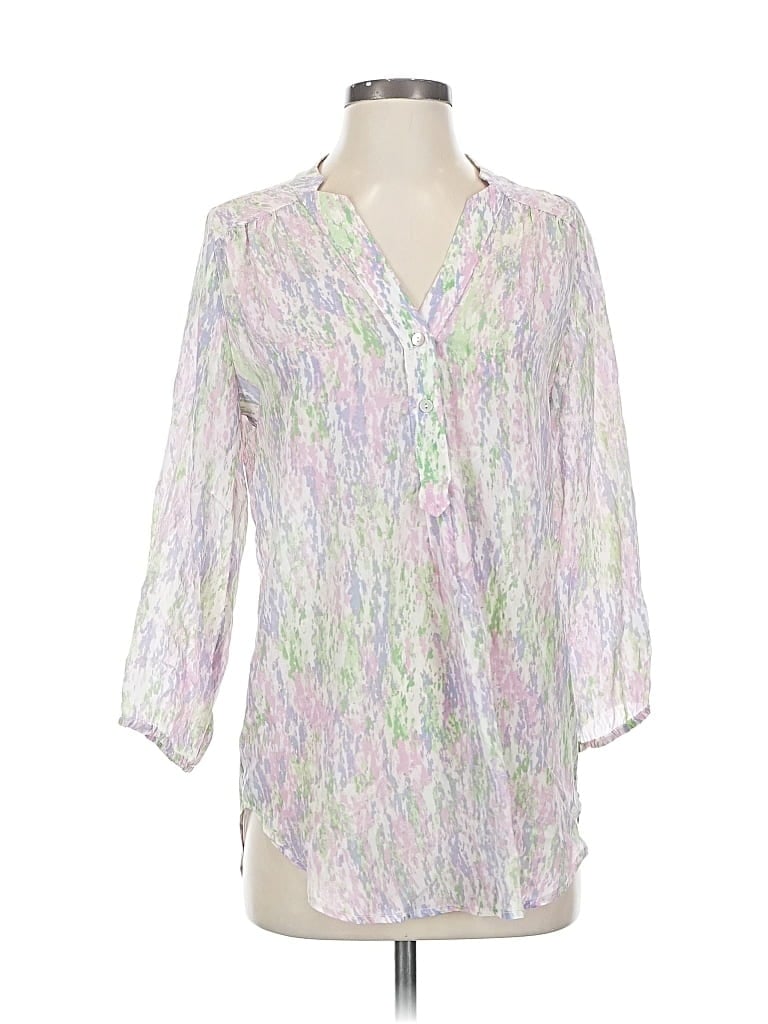 Pre-owned Amour Vert 3/4 Sleeve Silk Top White Plunge Neckline Tops