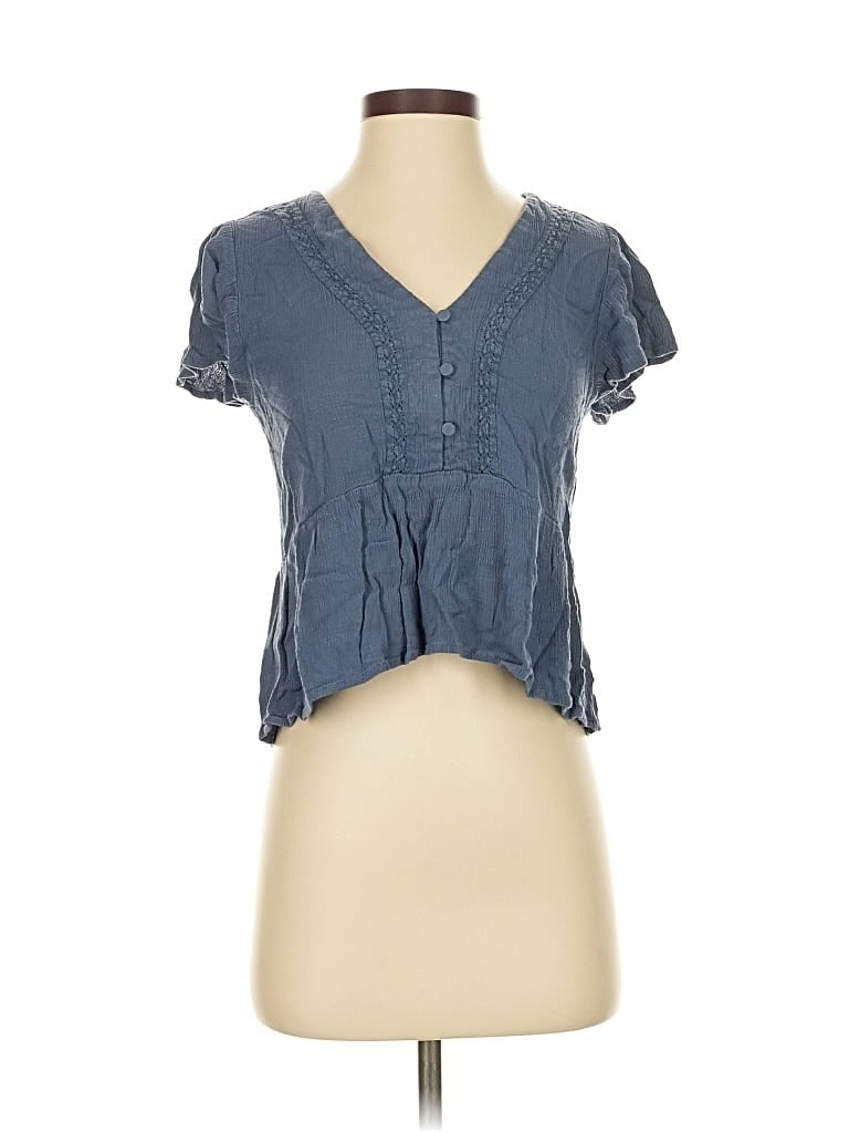 Pre-owned Eyeshadow Short Sleeve Top Blue Plunge Neckline Tops