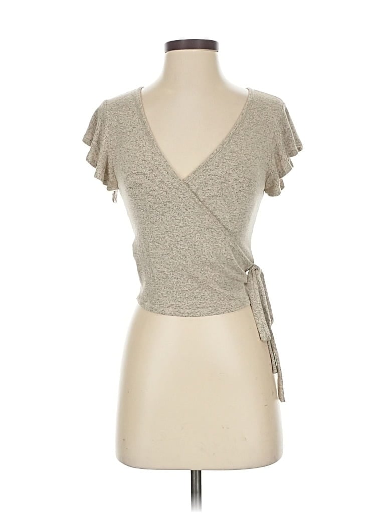 Pre-owned Caution To The Wind Short Sleeve Top Tan Sweetheart Neckline Tops In Brown