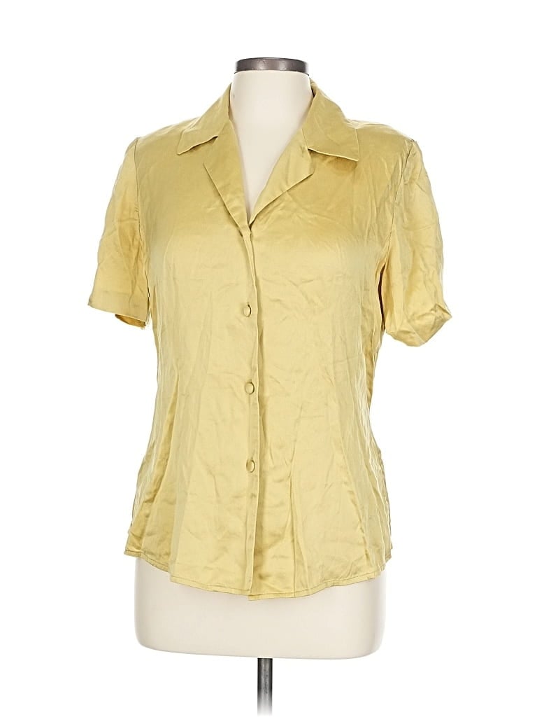 Pre-owned Linda Allard Ellen Tracy Short Sleeve Silk Top Yellow Collared Neckline Tops
