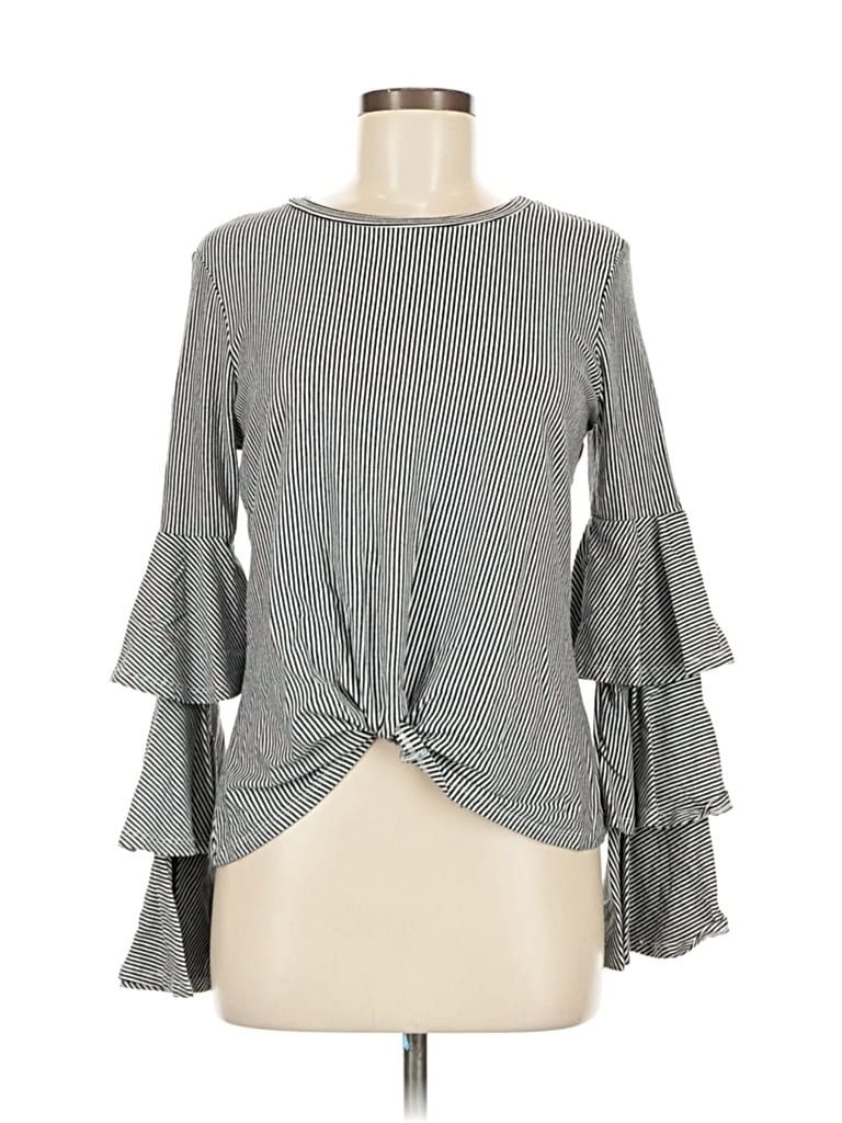 Pre-owned Belle + Sky Long Sleeve Top Gray Ruffles Neckline Tops