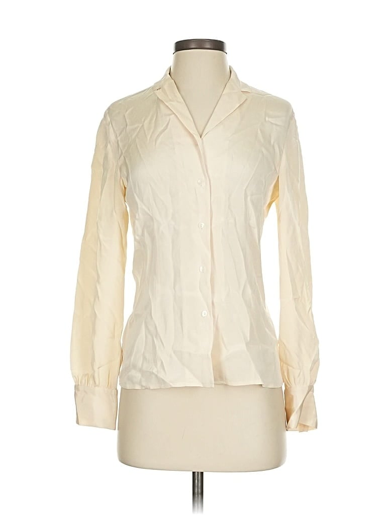 Pre-owned Ann Taylor Long Sleeve Silk Top Ivory Mock Neckline Tops In White