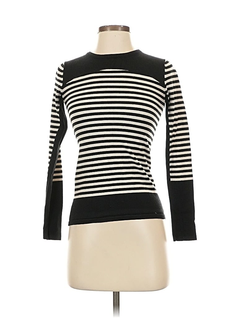 Pre-owned Catherine Catherine Malandrino Long Sleeve Top Black Stripes Pattern Crew Neck Tops
