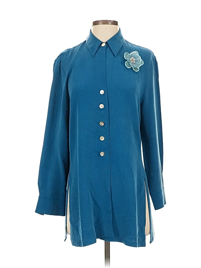 Click to view more detailed imagery on our partner's website Pre-owned Saks Fifth Avenue Long Sleeve Silk Top Blue Collared Neckline Tops