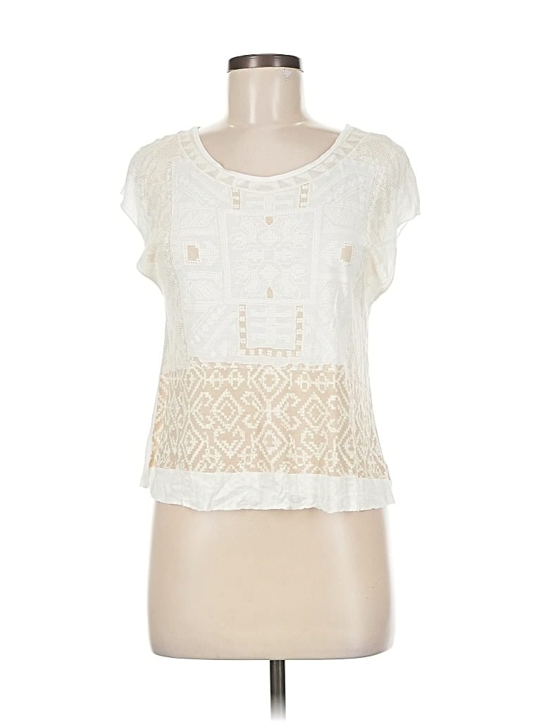 Pre-owned Zara W&b Collection Short Sleeve Top Ivory Keyhole Neckline Tops In White