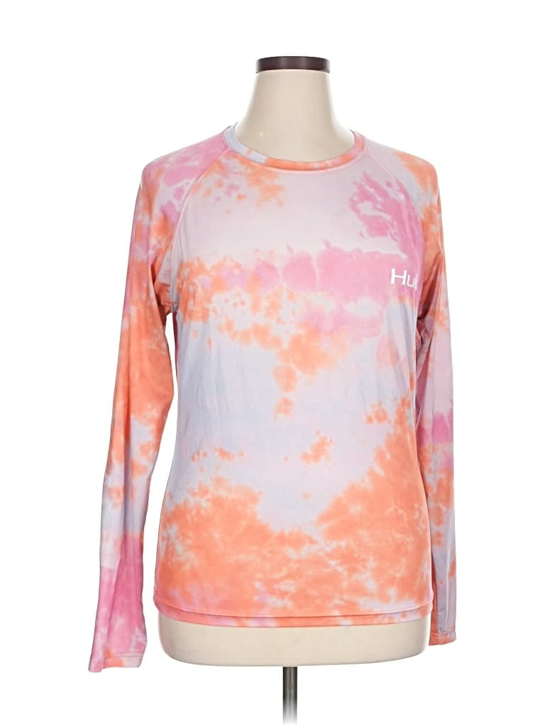 HUK Pre-owned Long Sleeve Top Orange Tie-dye Pattern Boatneck Tops