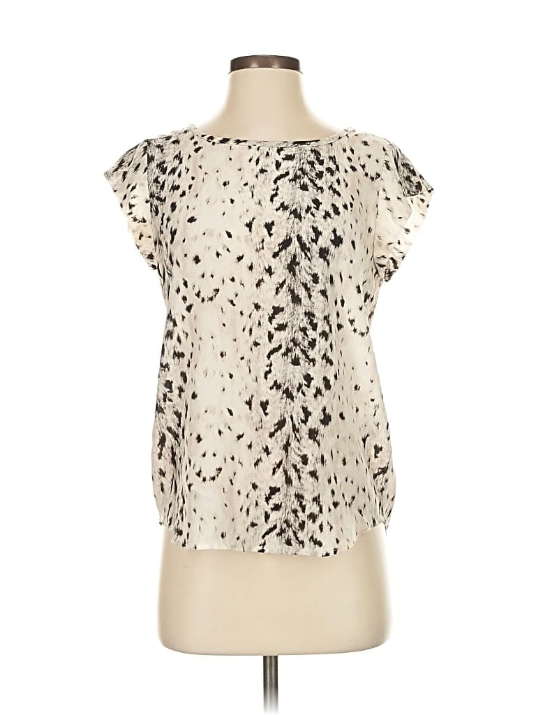 Pre-owned Joie Short Sleeve Silk Top Ivory Animal Print Pattern Square Neckline Tops In White