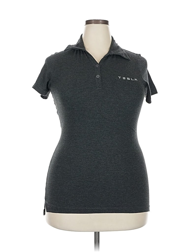 Click to view more detailed imagery on our partner's website Pre-owned Tesla Short Sleeve Top Gray Mock Neckline Tops