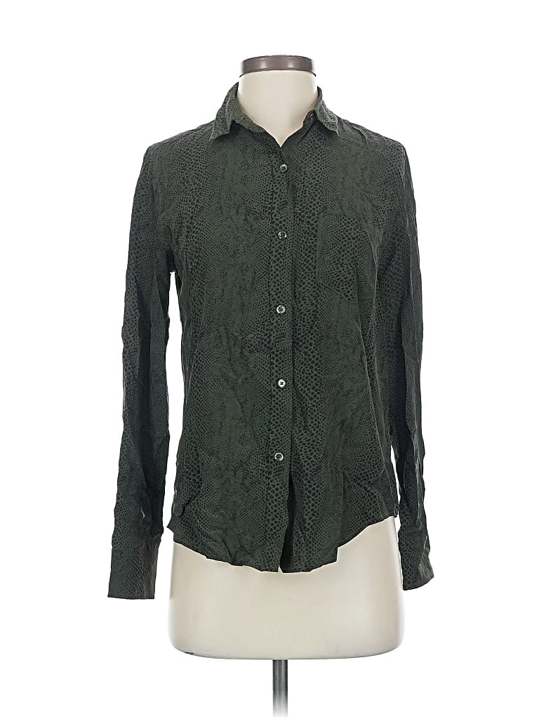 Pre-owned Rails Long Sleeve Silk Top Green Chevron/herringbone Pattern Collared Neckline Tops