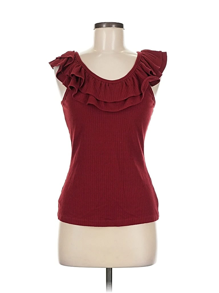 Pre-owned Summer And Sage Sleeveless Top Burgundy Ruffles Neckline Tops