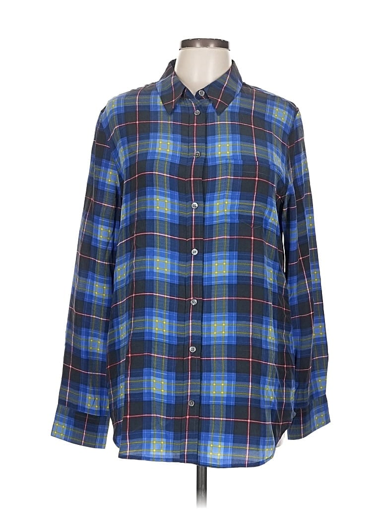 Click to view more detailed imagery on our partner's website Pre-owned Equipment Long Sleeve Silk Top Blue Plaid Pattern Collared Neckline Tops