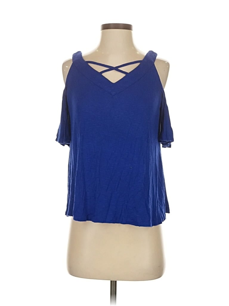 Pre-owned Love J Short Sleeve Top Blue Cold Shoulder Neckline Tops