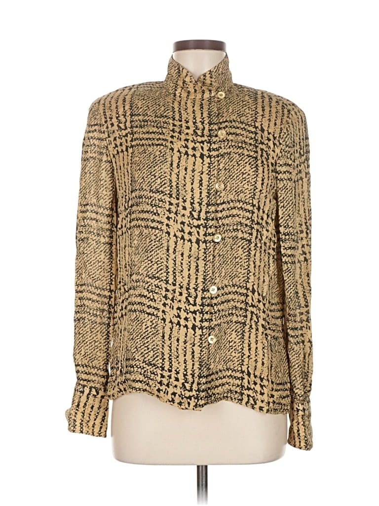 Pre-owned Carlisle Long Sleeve Silk Top Gold Tweed Pattern Mock Neckline Tops