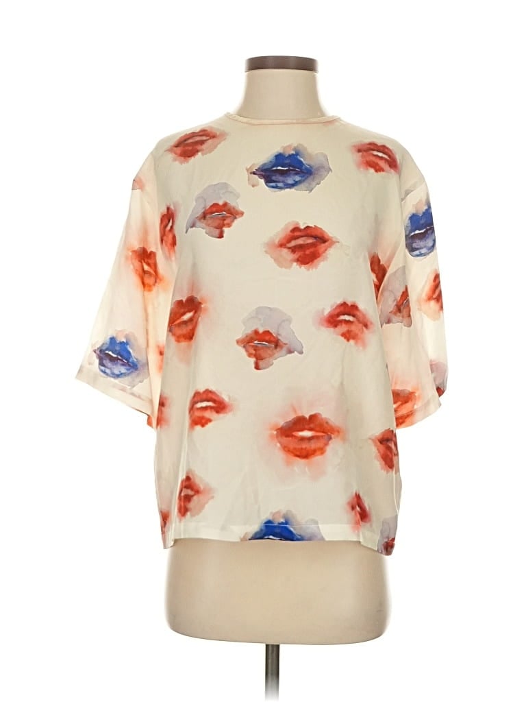 Pre-owned Msgm Short Sleeve Silk Top Ivory Square Neckline Tops In White