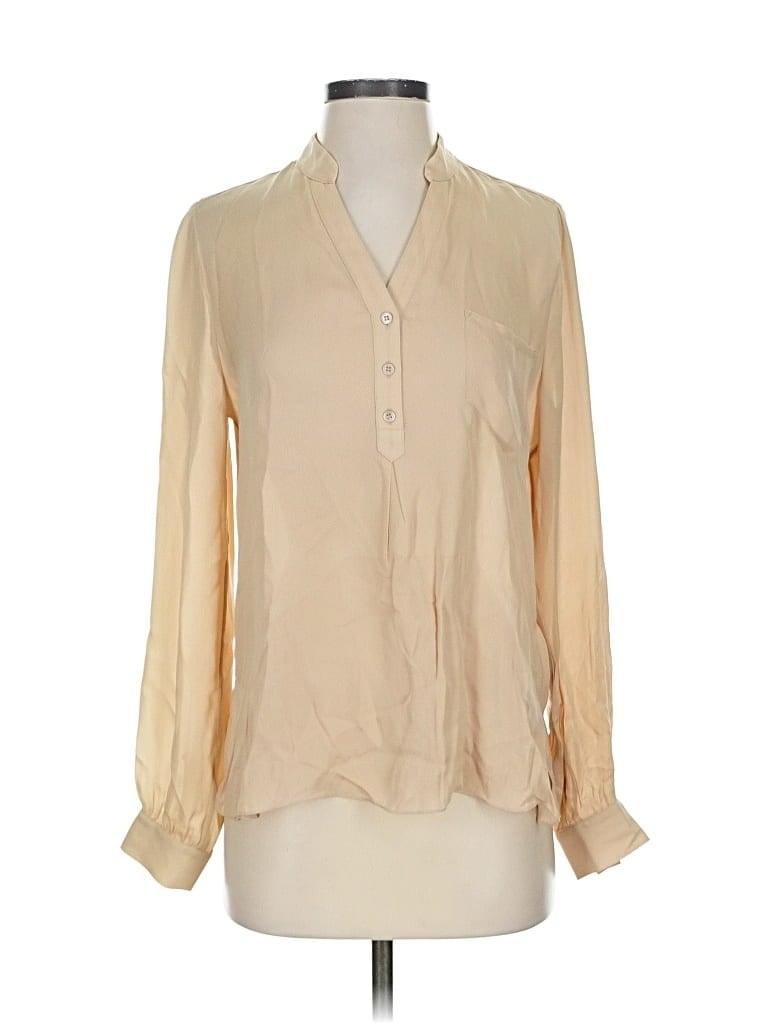 HAUTE HIPPIE Pre-owned Long Sleeve Silk Top Tan Keyhole Neckline Tops In Brown