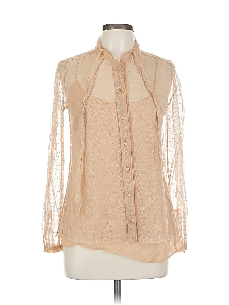 Pre-owned J.crew Collection Long Sleeve Silk Top Tan Tie Neck Tops In Brown