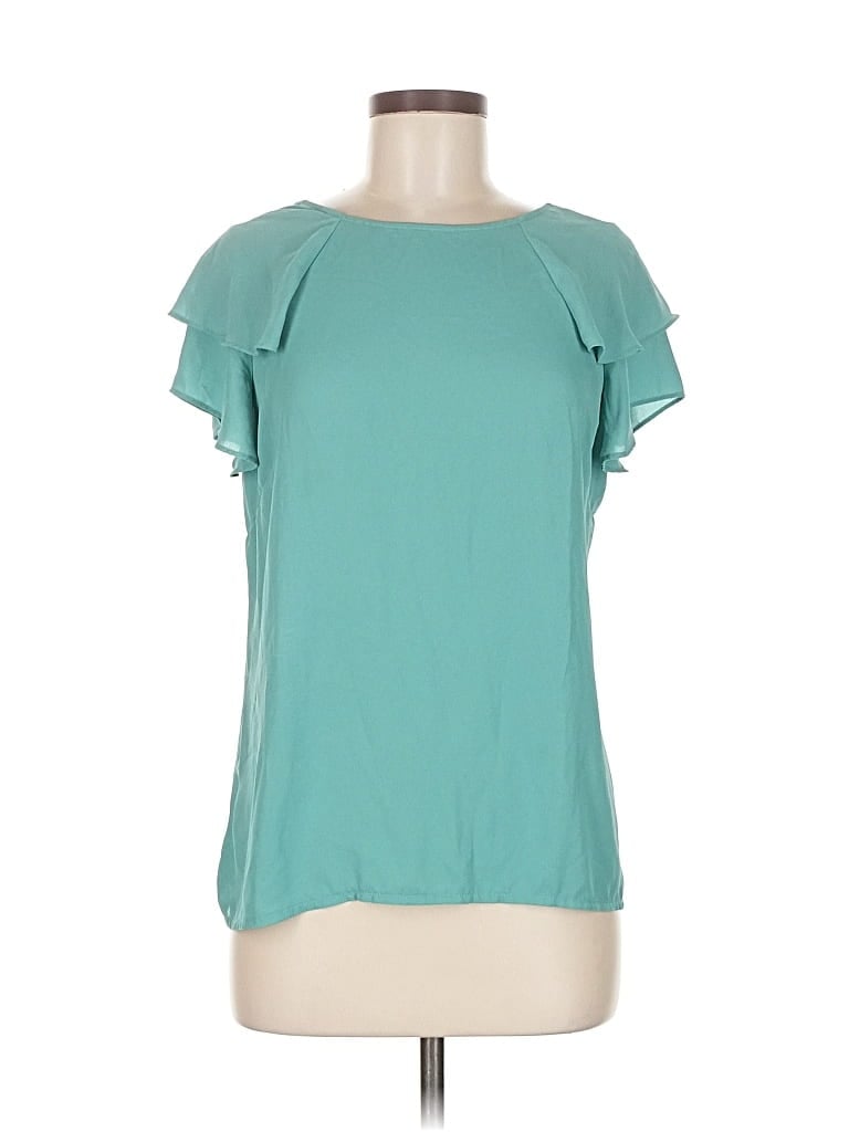 Pre-owned Ann Taylor Factory Short Sleeve Top Teal Ruffles Neckline Tops In Blue