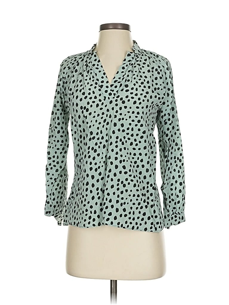 Pre-owned Tucker 3/4 Sleeve Silk Top Teal Animal Print Pattern Open Neckline Tops In Blue