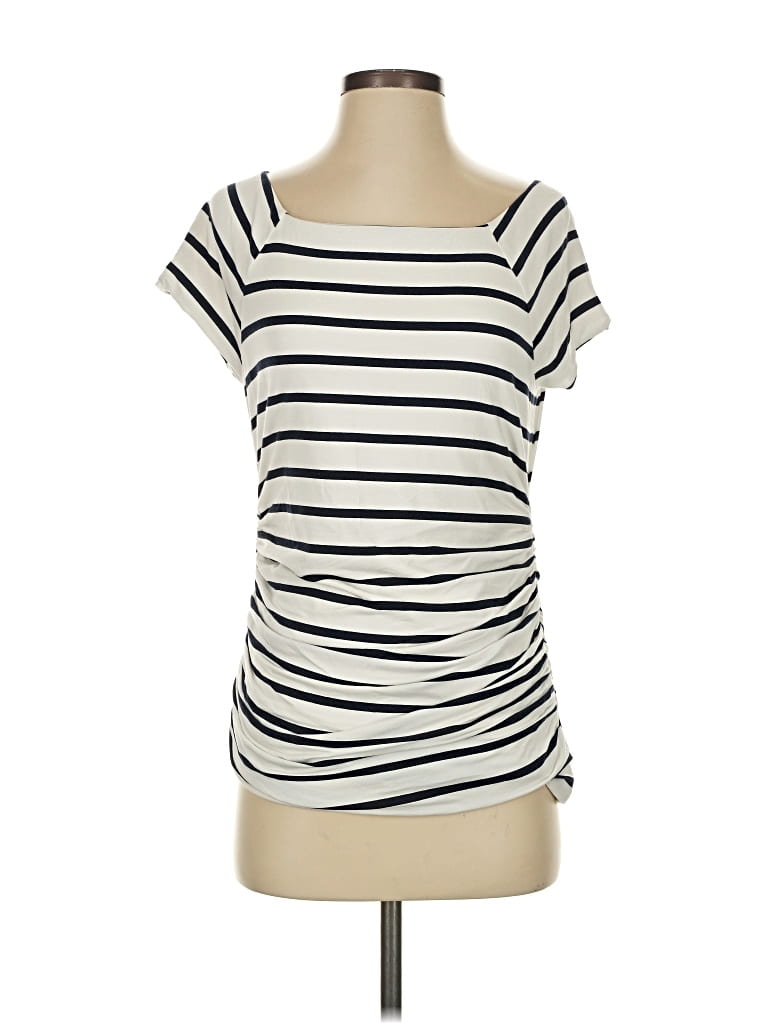 Pre-owned Ann Taylor Factory Short Sleeve Top Ivory Stripes Pattern Boatneck Tops In White
