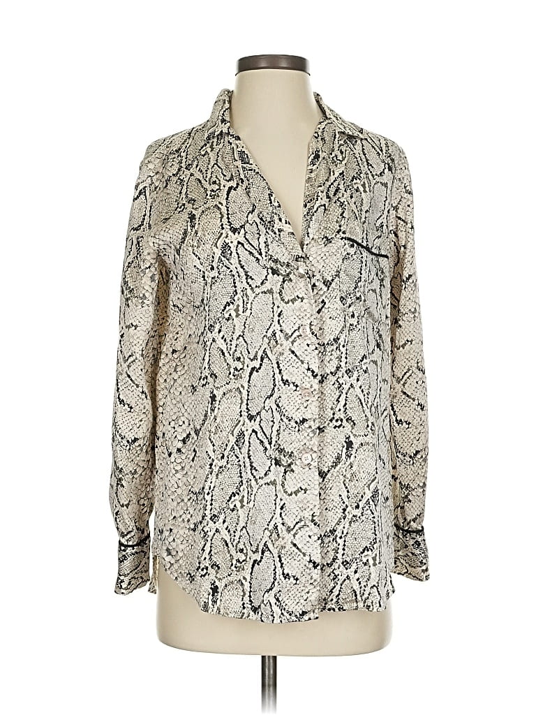 Click to view more detailed imagery on our partner's website Pre-owned Equipment Long Sleeve Silk Top Ivory Animal Print Pattern Cowl Neck Tops In White