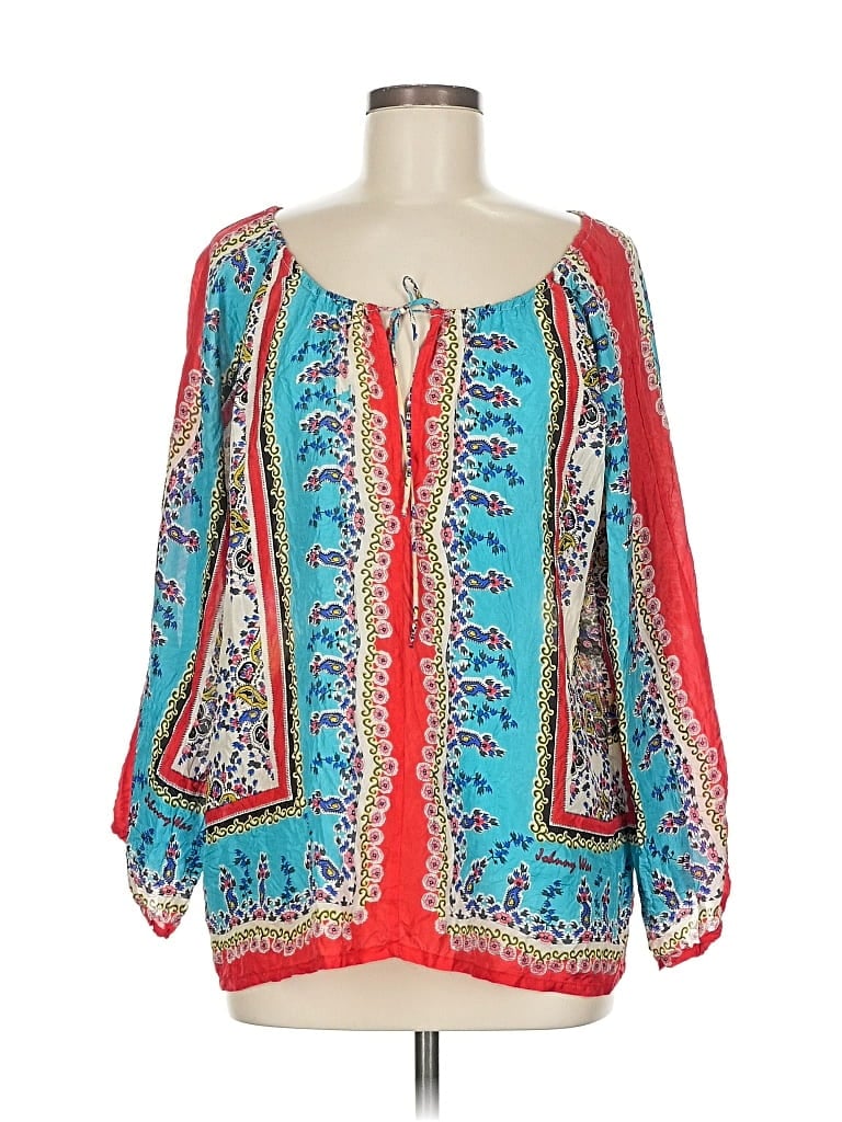 Pre-owned Sundance 3/4 Sleeve Silk Top Red Print Pattern Scoop Neck Tops