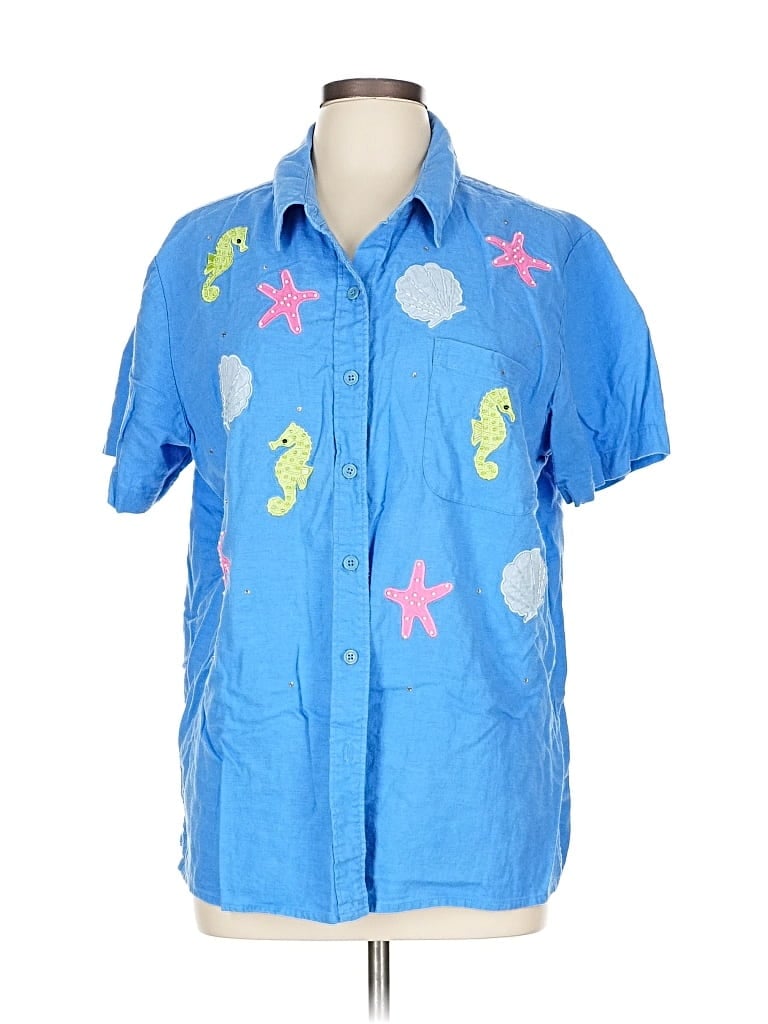 Pre-owned Quacker Factory Short Sleeve Button Down Shirt In Blue