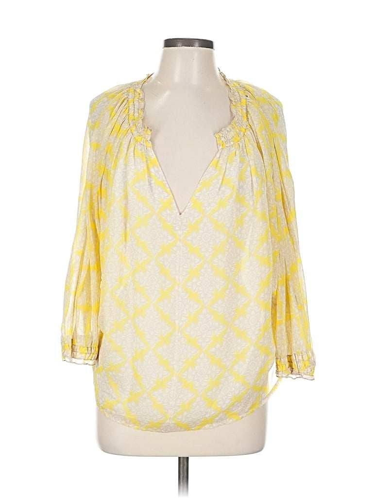 Click to view more detailed imagery on our partner's website Pre-owned Diane Von Furstenberg 3/4 Sleeve Silk Top Yellow Floral Pattern Plunge Neckline Tops
