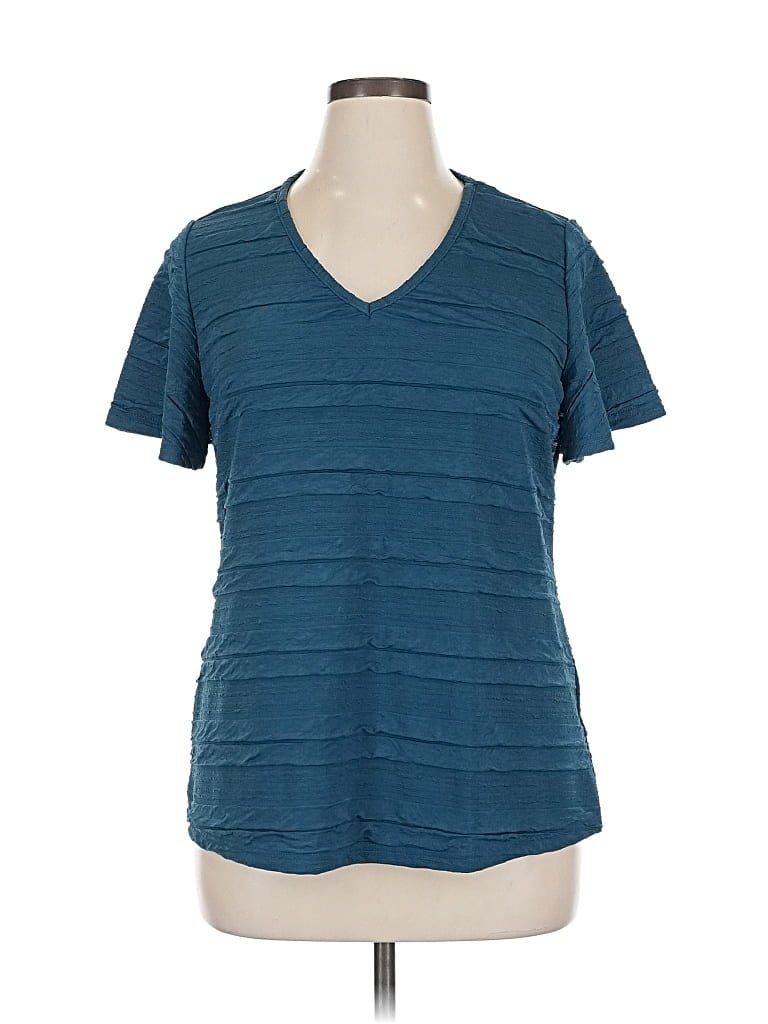 Pre-owned Shein Curve Short Sleeve Top Teal V Neck Tops In Blue