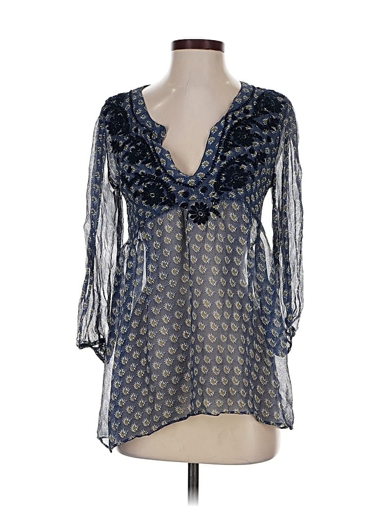Pre-owned Calypso St Barth 3/4 Sleeve Silk Top Blue Plunge Neckline Tops