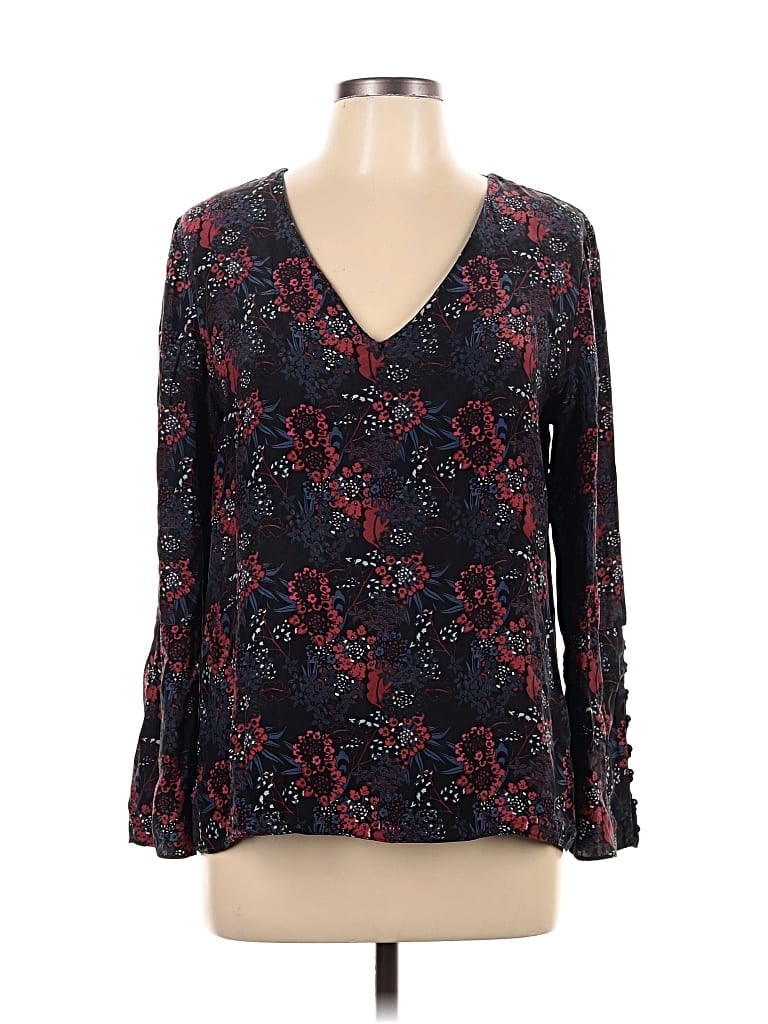 Pre-owned Waverly Grey 3/4 Sleeve Silk Top Black V Neck Tops