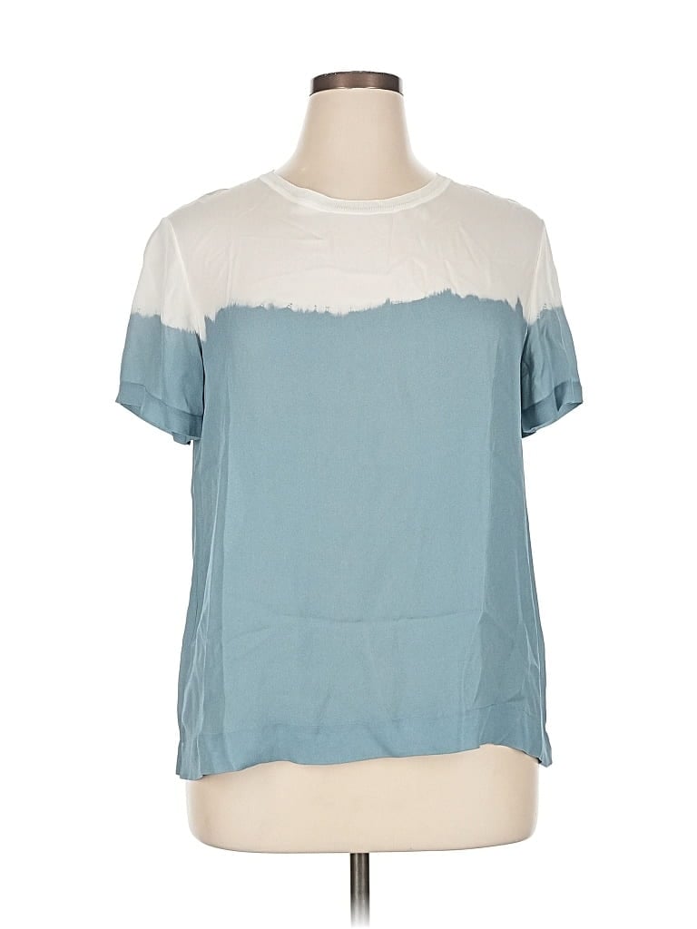 Pre-owned Vince Short Sleeve Top Teal Color Block Pattern Crew Neck Tops In Blue