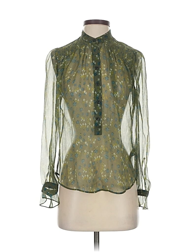 Pre-owned Rag & Bone Long Sleeve Silk Top Green Floral Pattern Collared Neckline Tops