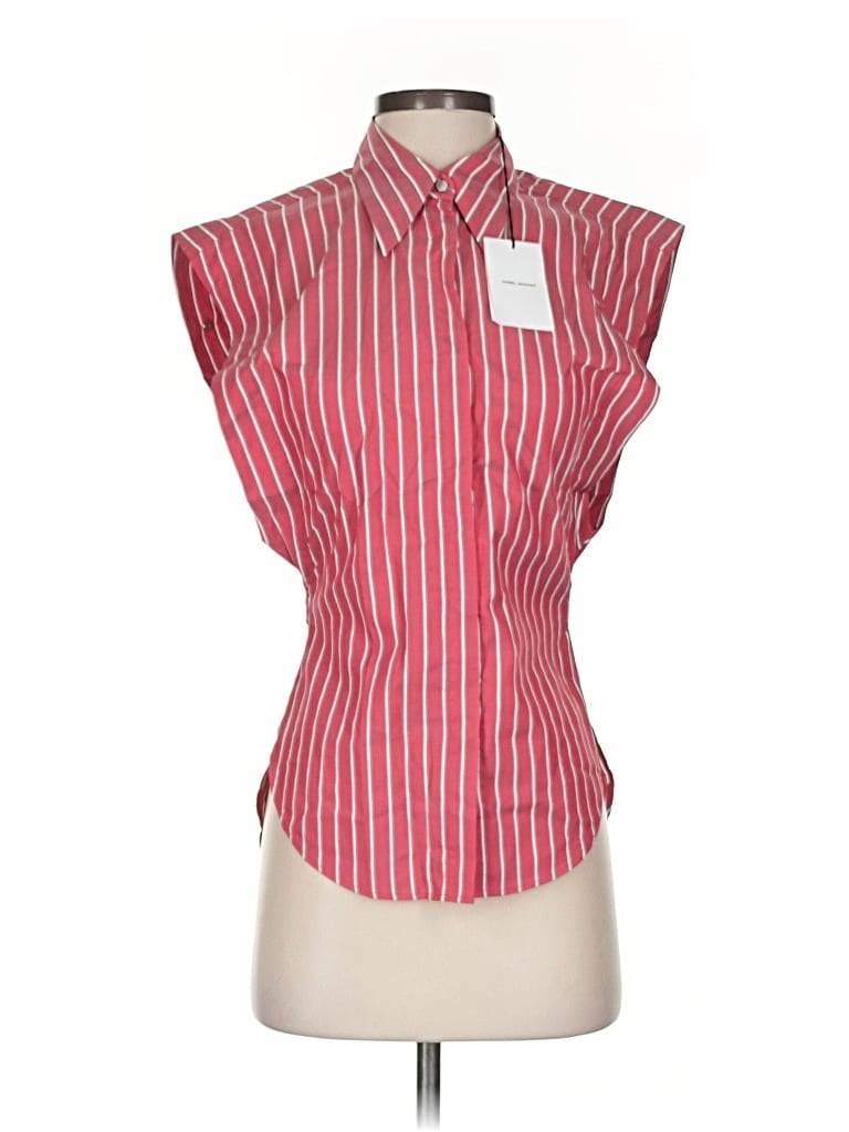 Pre-owned Isabel Marant Sleeveless Silk Top Red Stripes Pattern High Neck Tops