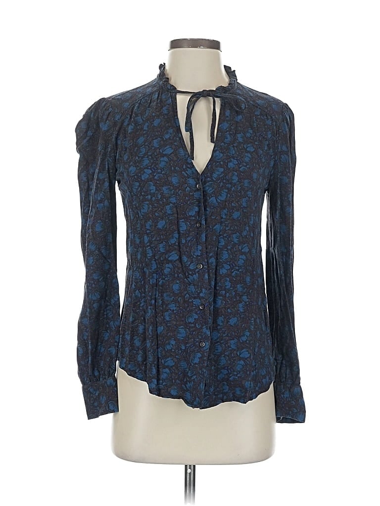 Pre-owned Hinge Long Sleeve Blouse In Blue