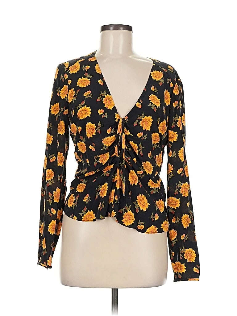 Pre-owned Veronica Beard Long Sleeve Silk Top Yellow Floral Pattern Plunge Neckline Tops