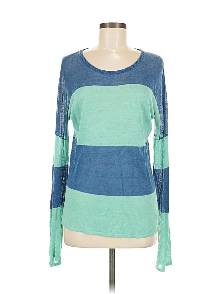 Pre-owned Line Long Sleeve Top Teal Boatneck Tops In Blue