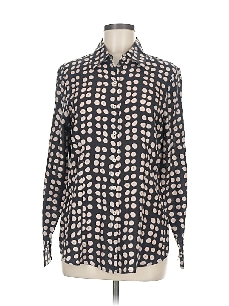 Pre-owned Cabi Long Sleeve Silk Top Ivory Hearts Pattern Mock Neckline Tops In White