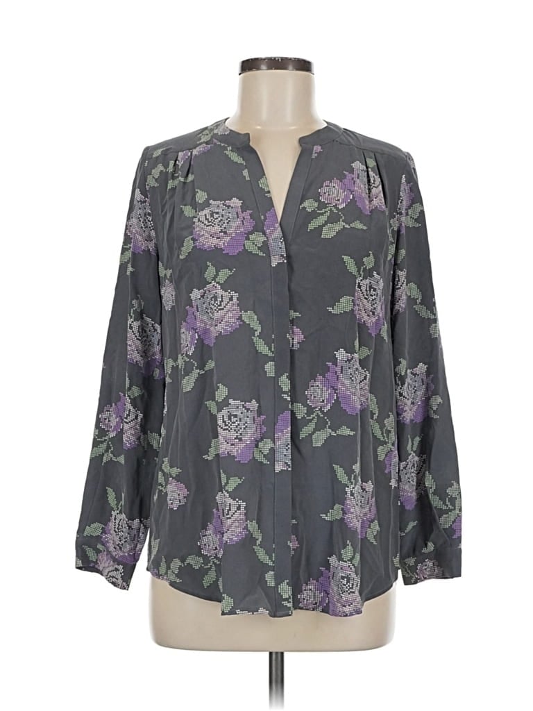 Pre-owned Joie Long Sleeve Silk Top Gray Plunge Neckline Tops