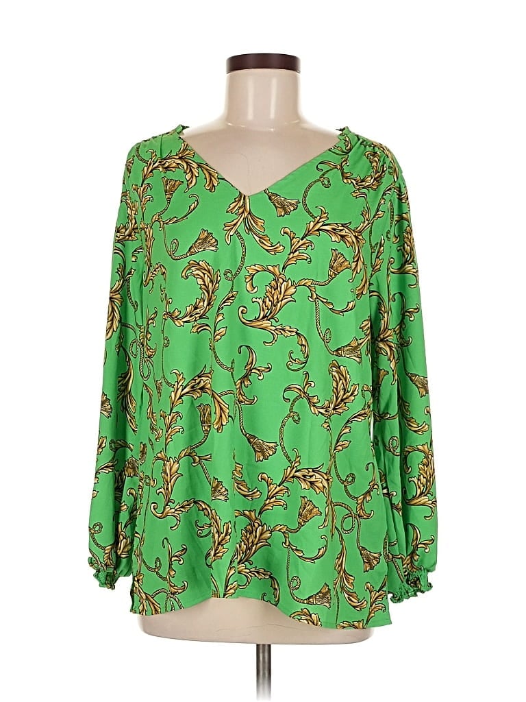 Pre-owned Belle By Kim Gravel Long Sleeve Blouse In Green