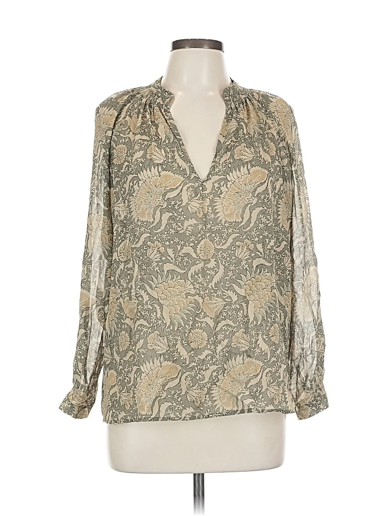 Pre-owned Vince Long Sleeve Silk Top Tan Plunge Neckline Tops In Brown