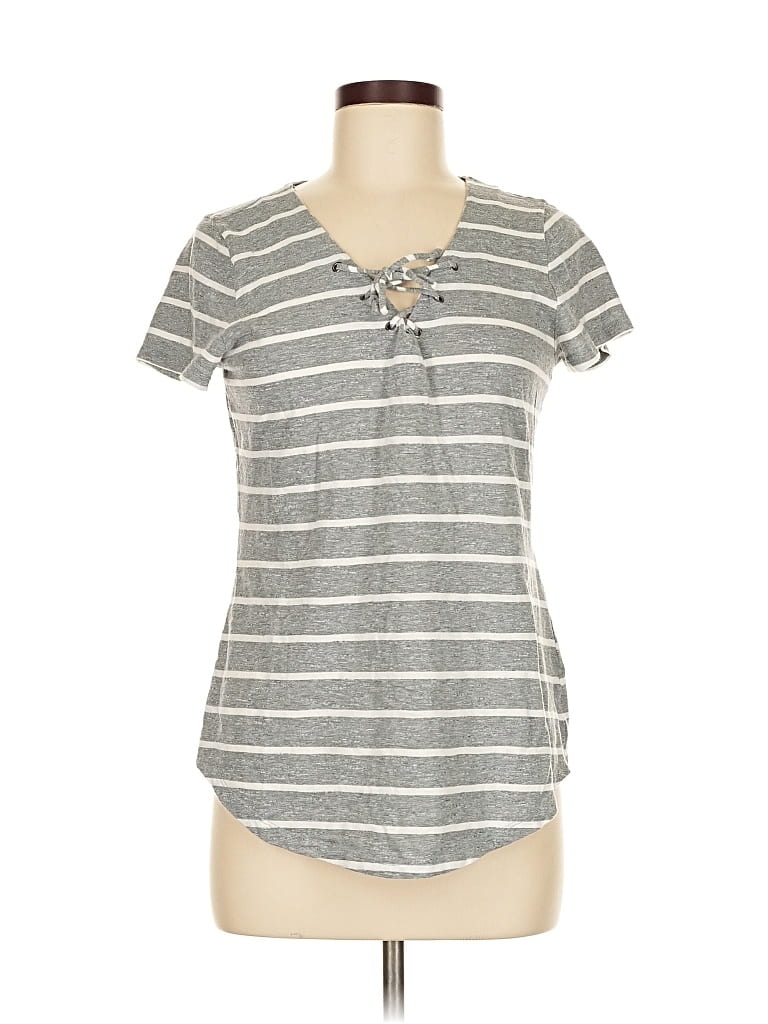 Pre-owned Sonoma Goods For Life Short Sleeve Top Gray Stripes Pattern Keyhole Neckline Tops