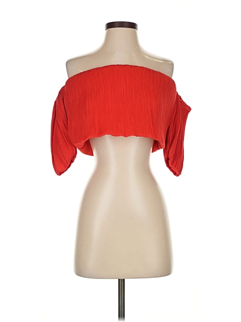 Pre-owned Line & Dot Short Sleeve Top Red Strapless Neckline Tops