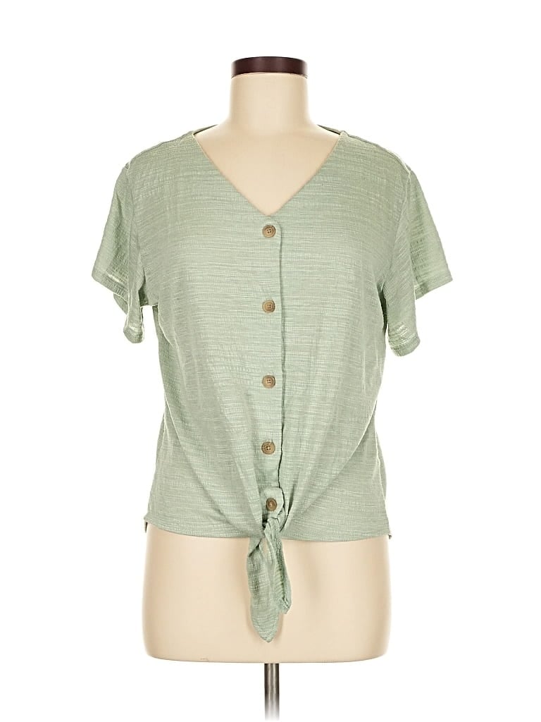 Pre-owned Weatherproof Short Sleeve Top Green Keyhole Neckline Tops